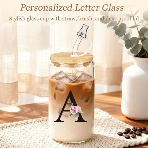 Giftota Birthday Gifts for Women, 10pcs Monogrammed Gifts for Women Initial Canvas Tote Bag, Makeup Bag, Glass Cup, Hair Clip, Candle Basket Birthday Personalized Gift for Her Woman Mom Wife Friend Teacher, A - Image 4