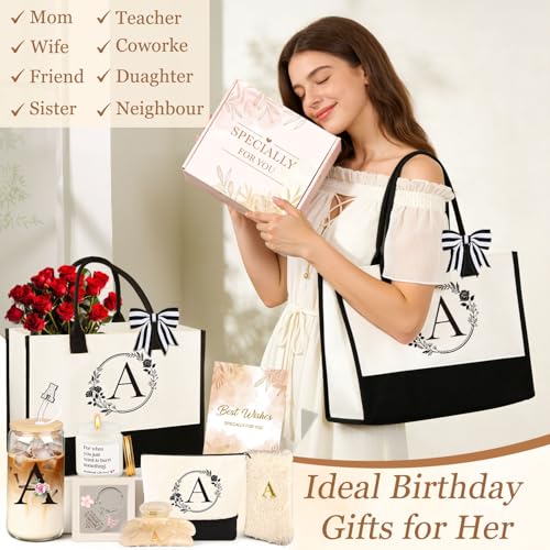Giftota Birthday Gifts for Women, 10pcs Monogrammed Gifts for Women Initial Canvas Tote Bag, Makeup Bag, Glass Cup, Hair Clip, Candle Basket Birthday Personalized Gift for Her Woman Mom Wife Friend Teacher, A - Image 2