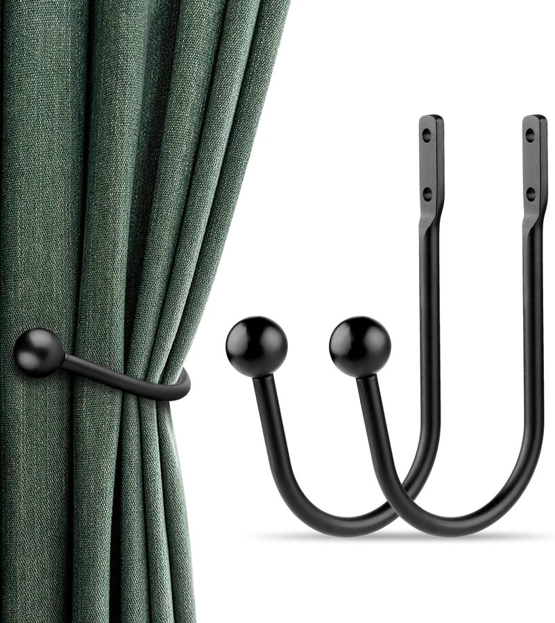 gobutend Curtain Holdbacks, 2pcs Curtains Holder Wall Mounted Drapery Tiebacks Retro Window Hook for Home Decor, Matte Black - Image 1