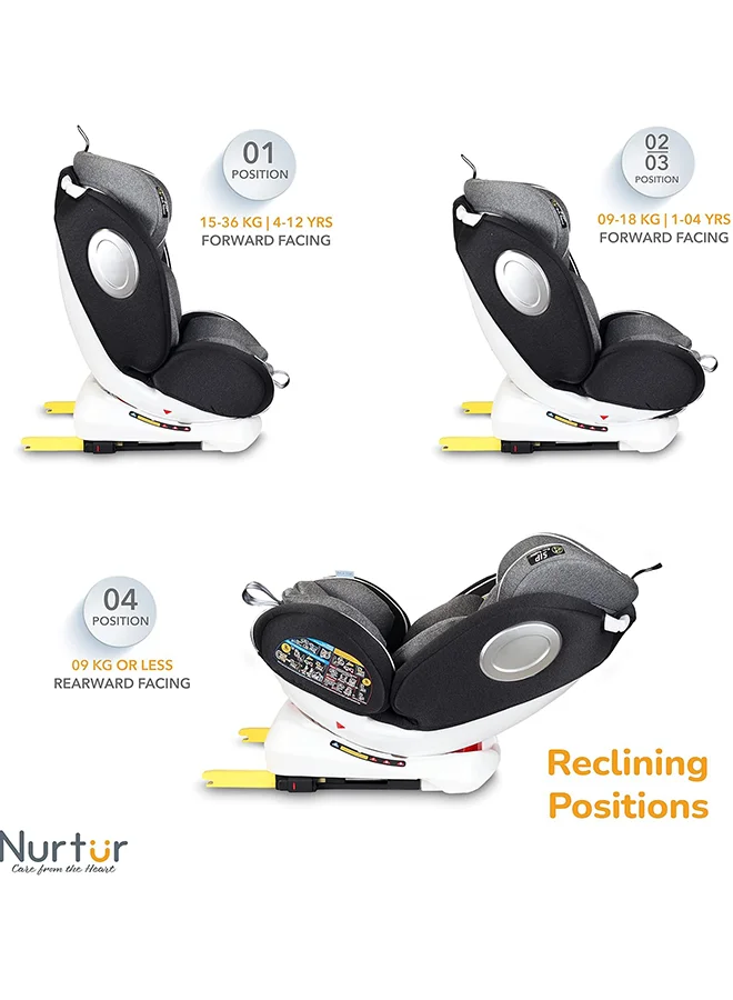 نورتر مقعد سيارة الترا للأطفال 4 في 1 - دوران 360 درجة - ISOFIX - مسند رأس قابل للتعديل 9 مستويات ومظلة - من 0 إلى 12 سنة (المجموعة 0+/1/2/3)، حتى 36 كجم - رمادي متعدد