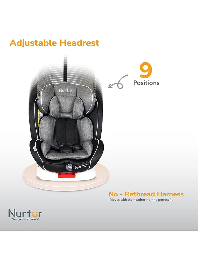 نورتر مقعد سيارة الترا للأطفال 4 في 1 - دوران 360 درجة - ISOFIX - مسند رأس قابل للتعديل 9 مستويات ومظلة - من 0 إلى 12 سنة (المجموعة 0+/1/2/3)، حتى 36 كجم - رمادي متعدد