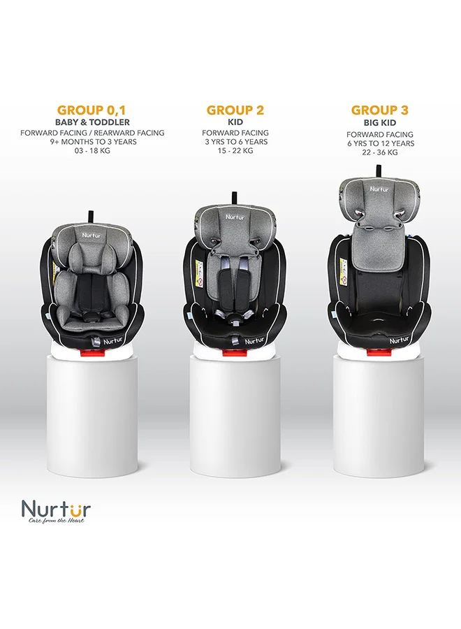 نورتر مقعد سيارة الترا للأطفال 4 في 1 - دوران 360 درجة - ISOFIX - مسند رأس قابل للتعديل 9 مستويات ومظلة - من 0 إلى 12 سنة (المجموعة 0+/1/2/3)، حتى 36 كجم - رمادي متعدد
