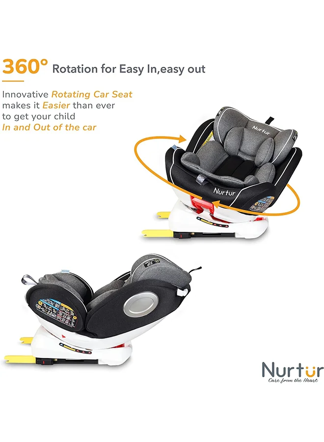 نورتر مقعد سيارة الترا للأطفال 4 في 1 - دوران 360 درجة - ISOFIX - مسند رأس قابل للتعديل 9 مستويات ومظلة - من 0 إلى 12 سنة (المجموعة 0+/1/2/3)، حتى 36 كجم - رمادي متعدد
