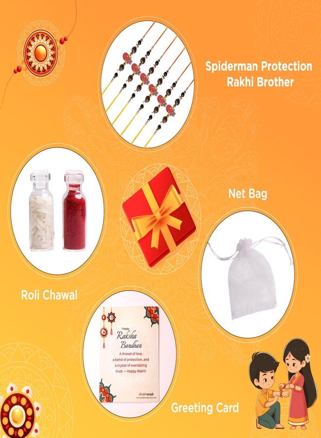 Shubhanjali Spiderman Protection Rakhi for Kids Pack of 6 | Superhero Cartoon Rakhi for Brother | Designer Raksha Bandhan Rakhi's for Little Bhaiya with Roli Chawal, Greeting Card & Potali Gift Set - Image 5