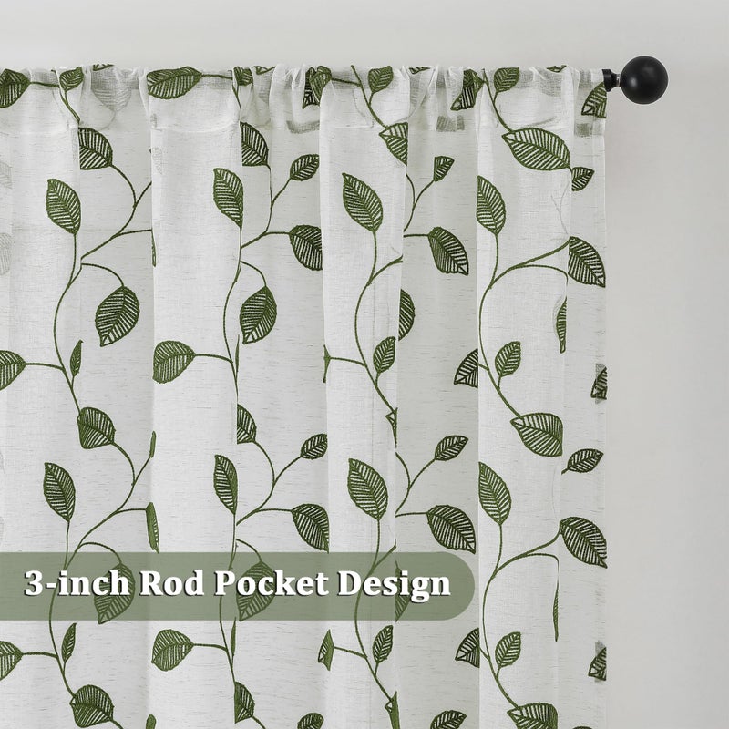 OVZME Sage Green Sheer Curtains 36 Inch Length 2 Panels, Embroidered Leaf Patterned Semi Sheer Linen Short Kitchen Curtains for Half Window, Rod Pocket Window Drapes for Bathroom, 2x30Wx36L Inches - Image 2