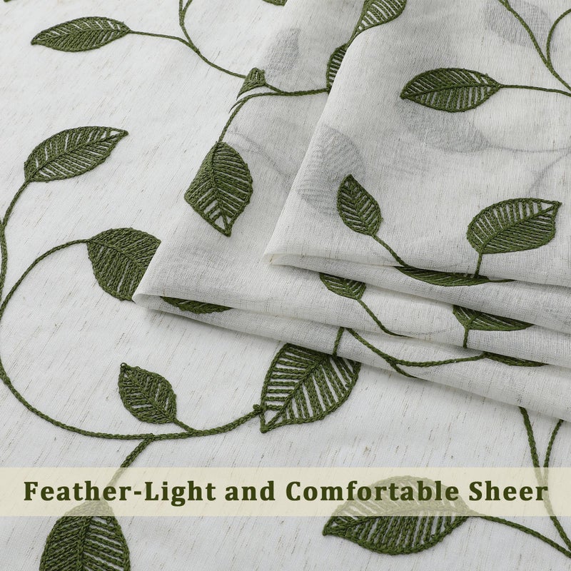 OVZME Sage Green Sheer Curtains 36 Inch Length 2 Panels, Embroidered Leaf Patterned Semi Sheer Linen Short Kitchen Curtains for Half Window, Rod Pocket Window Drapes for Bathroom, 2x30Wx36L Inches - Image 3