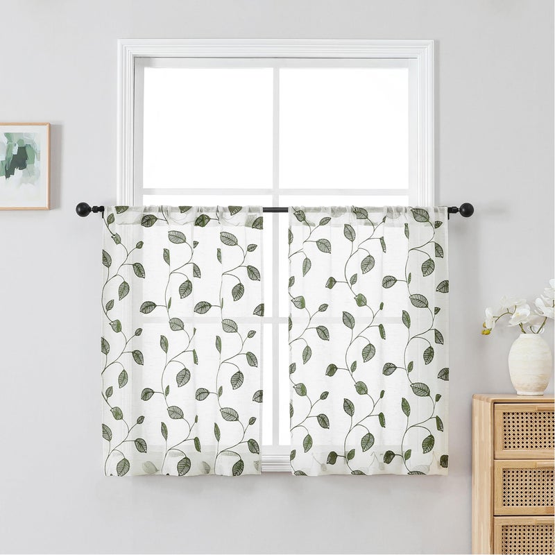 OVZME Sage Green Sheer Curtains 36 Inch Length 2 Panels, Embroidered Leaf Patterned Semi Sheer Linen Short Kitchen Curtains for Half Window, Rod Pocket Window Drapes for Bathroom, 2x30Wx36L Inches - Image 1
