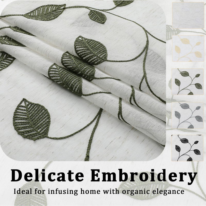 OVZME Sage Green Sheer Curtains 36 Inch Length 2 Panels, Embroidered Leaf Patterned Semi Sheer Linen Short Kitchen Curtains for Half Window, Rod Pocket Window Drapes for Bathroom, 2x30Wx36L Inches - Image 4