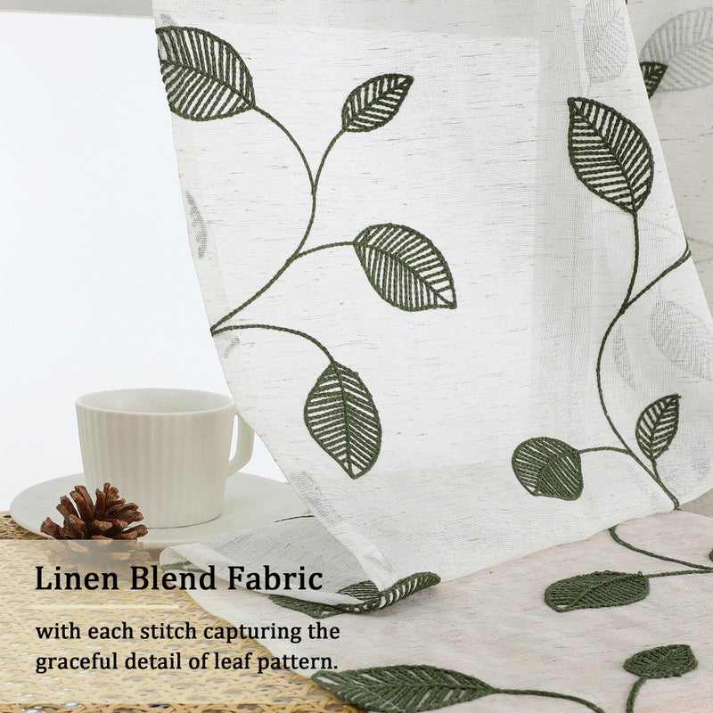 OVZME Sage Green Sheer Curtains 36 Inch Length 2 Panels, Embroidered Leaf Patterned Semi Sheer Linen Short Kitchen Curtains for Half Window, Rod Pocket Window Drapes for Bathroom, 2x30Wx36L Inches - Image 5