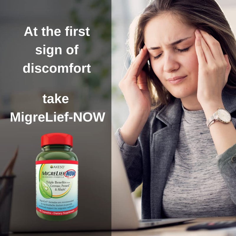 MigreLief ميغريلِيف-نَو تركيبة سريعة المفعول، دعم غذائي عند الحاجة لمصابي الشقيقة والصداع - 60 كبسولة نباتية - Image 2