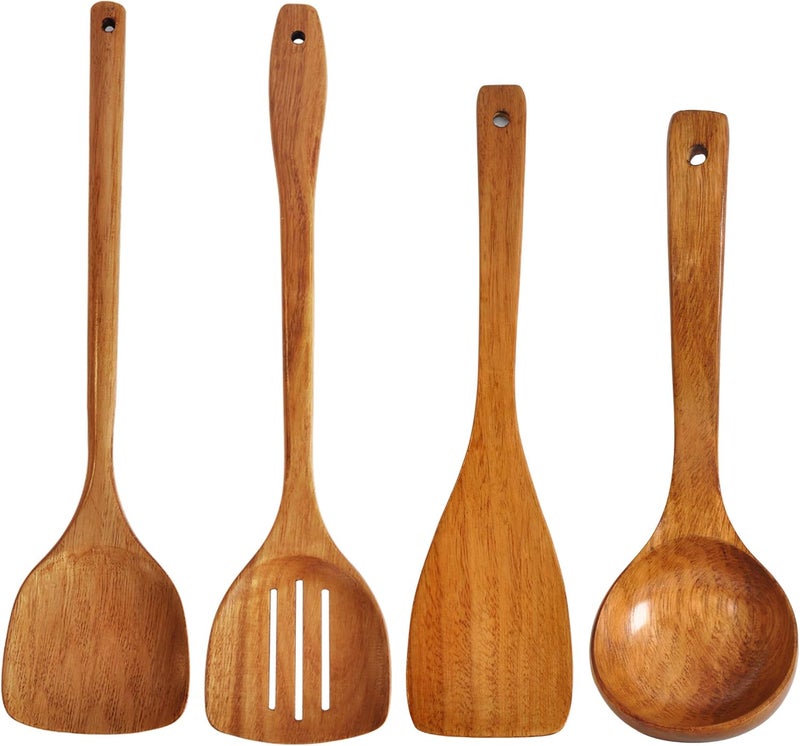 FJNATINH Wooden Spatula,Slotted Turner,Soup Ladle,Long Handle Utensils Set,Handmade for Kitchen Cookware (Wooden Utensil 4 Sets) - Image 1