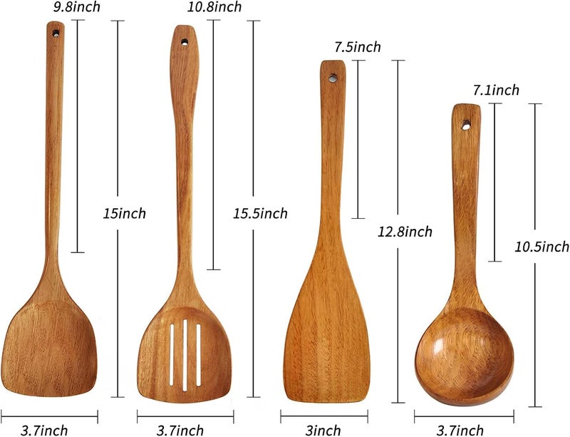 FJNATINH Wooden Spatula,Slotted Turner,Soup Ladle,Long Handle Utensils Set,Handmade for Kitchen Cookware (Wooden Utensil 4 Sets) - Image 2