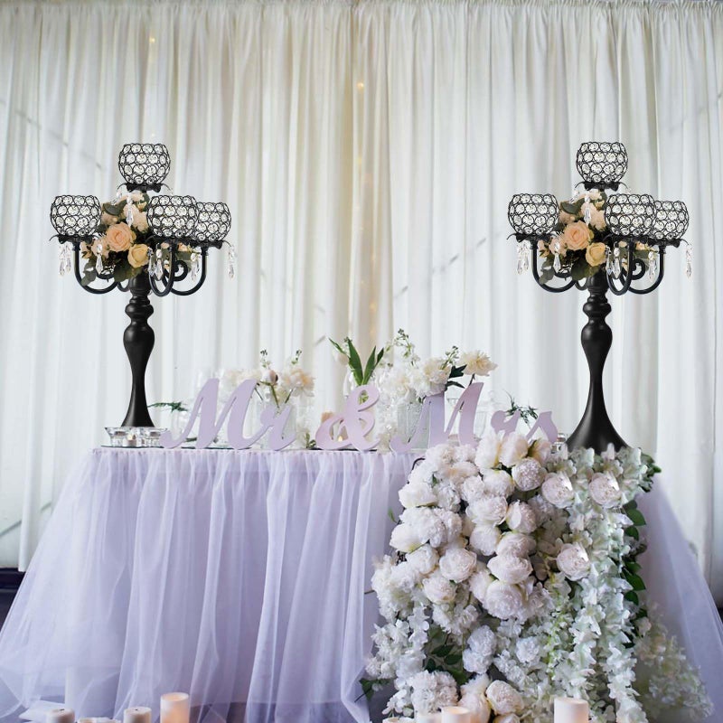 Kehail Set of 4 Crystal Tea Light Candle Holders - 22.5" Tall Metal & Crystal Centerpiece with Weighted Base for Birthday Valentine Dinner Table Decor- Matte Black - Image 5