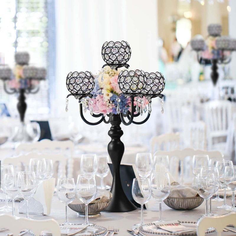 Kehail Set of 4 Crystal Tea Light Candle Holders - 22.5" Tall Metal & Crystal Centerpiece with Weighted Base for Birthday Valentine Dinner Table Decor- Matte Black - Image 4