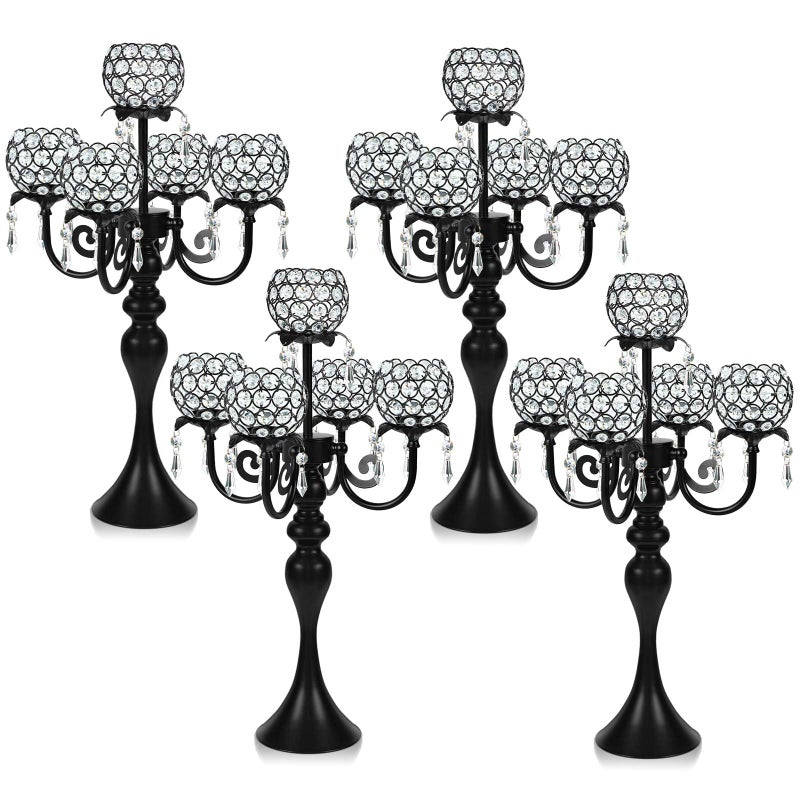 Kehail Set of 4 Crystal Tea Light Candle Holders - 22.5" Tall Metal & Crystal Centerpiece with Weighted Base for Birthday Valentine Dinner Table Decor- Matte Black - Image 1