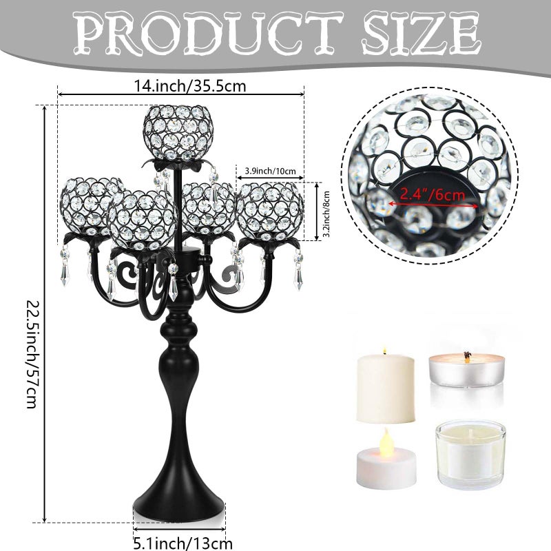 Kehail Set of 4 Crystal Tea Light Candle Holders - 22.5" Tall Metal & Crystal Centerpiece with Weighted Base for Birthday Valentine Dinner Table Decor- Matte Black - Image 2