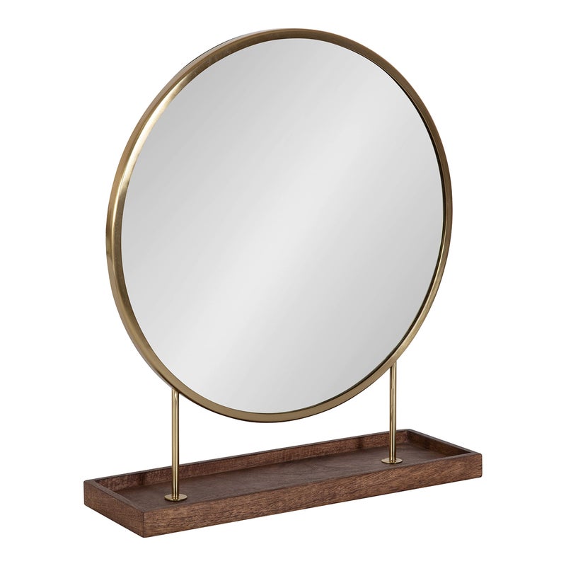 Kate and Laurel Maxfield Modern Tabletop Mirror 18 x 22 Gold and Walnut Brown Decorative Accent Mirror with Metal Base