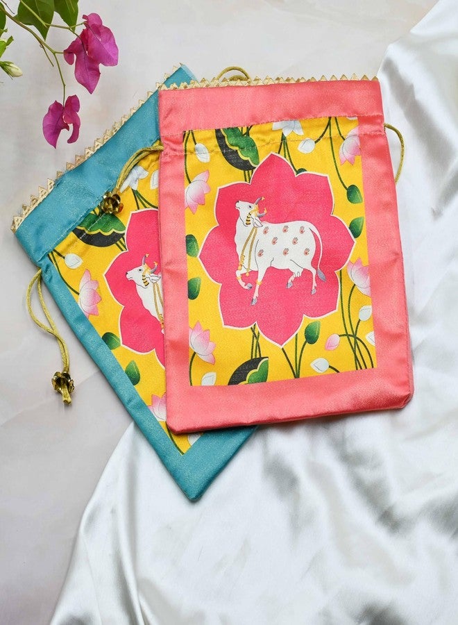 IGH Pack of 5 Assorted Lotus Cow Decorative Printed Silk Potli Traditional Elegance Cow Print Pichwai Potli Batwa Bag with Modern Handle - Image 3