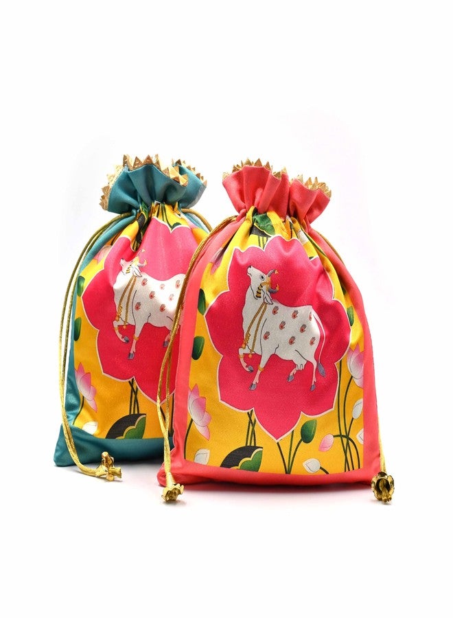 IGH Pack of 5 Assorted Lotus Cow Decorative Printed Silk Potli Traditional Elegance Cow Print Pichwai Potli Batwa Bag with Modern Handle - Image 1