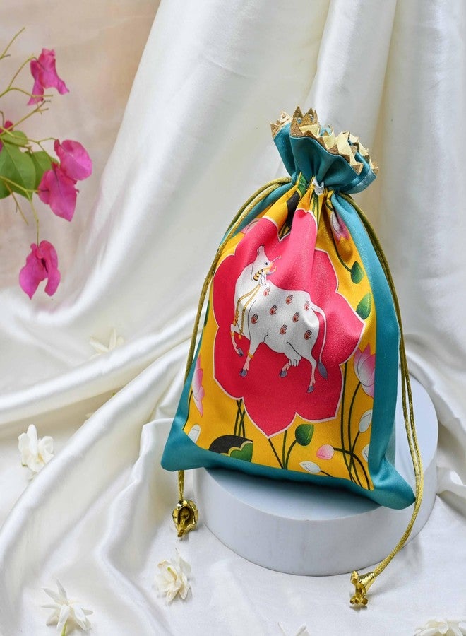 IGH Pack of 5 Assorted Lotus Cow Decorative Printed Silk Potli Traditional Elegance Cow Print Pichwai Potli Batwa Bag with Modern Handle - Image 4