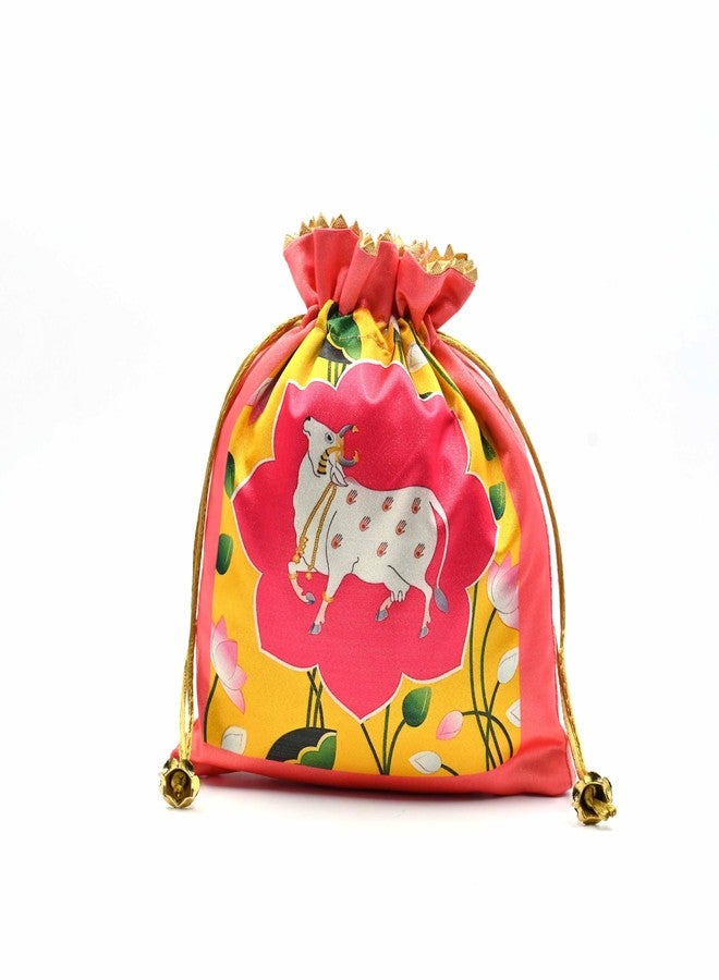 IGH Pack of 5 Assorted Lotus Cow Decorative Printed Silk Potli Traditional Elegance Cow Print Pichwai Potli Batwa Bag with Modern Handle - Image 5