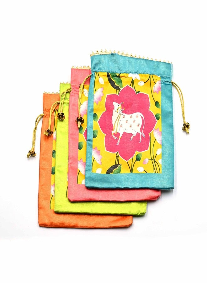 IGH Pack of 5 Assorted Lotus Cow Decorative Printed Silk Potli Traditional Elegance Cow Print Pichwai Potli Batwa Bag with Modern Handle - Image 2
