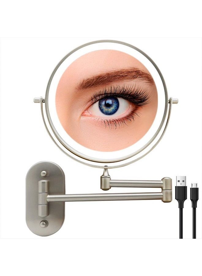 FASCINATE Rechargeable Lighted Makeup Mirror Wall Mount, 8'' Double Side 1X 10X Magnifying Makeup Mirror with Light, Extendable Vanity Mirror with 3 Color Modes, Touch Screen Dimming Bathroom Mirror  - Image 1