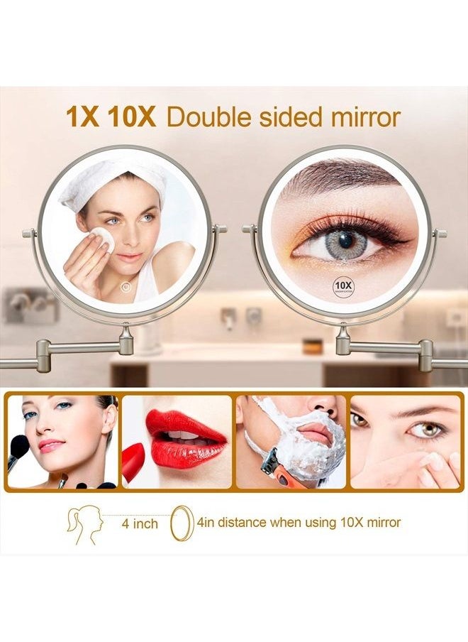 FASCINATE Rechargeable Lighted Makeup Mirror Wall Mount, 8'' Double Side 1X 10X Magnifying Makeup Mirror with Light, Extendable Vanity Mirror with 3 Color Modes, Touch Screen Dimming Bathroom Mirror  - Image 5