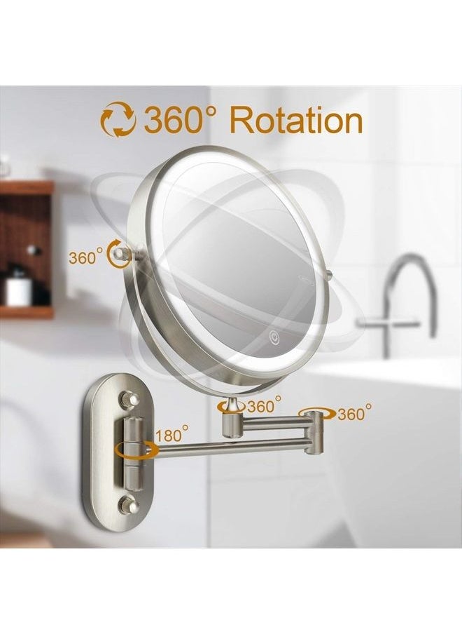FASCINATE Rechargeable Lighted Makeup Mirror Wall Mount, 8'' Double Side 1X 10X Magnifying Makeup Mirror with Light, Extendable Vanity Mirror with 3 Color Modes, Touch Screen Dimming Bathroom Mirror  - Image 4