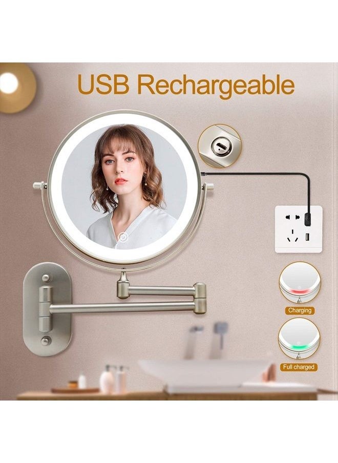 FASCINATE Rechargeable Lighted Makeup Mirror Wall Mount, 8'' Double Side 1X 10X Magnifying Makeup Mirror with Light, Extendable Vanity Mirror with 3 Color Modes, Touch Screen Dimming Bathroom Mirror  - Image 2