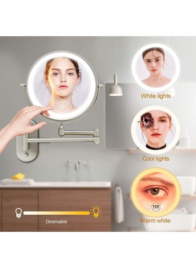 FASCINATE Rechargeable Lighted Makeup Mirror Wall Mount, 8'' Double Side 1X 10X Magnifying Makeup Mirror with Light, Extendable Vanity Mirror with 3 Color Modes, Touch Screen Dimming Bathroom Mirror  - Image 3