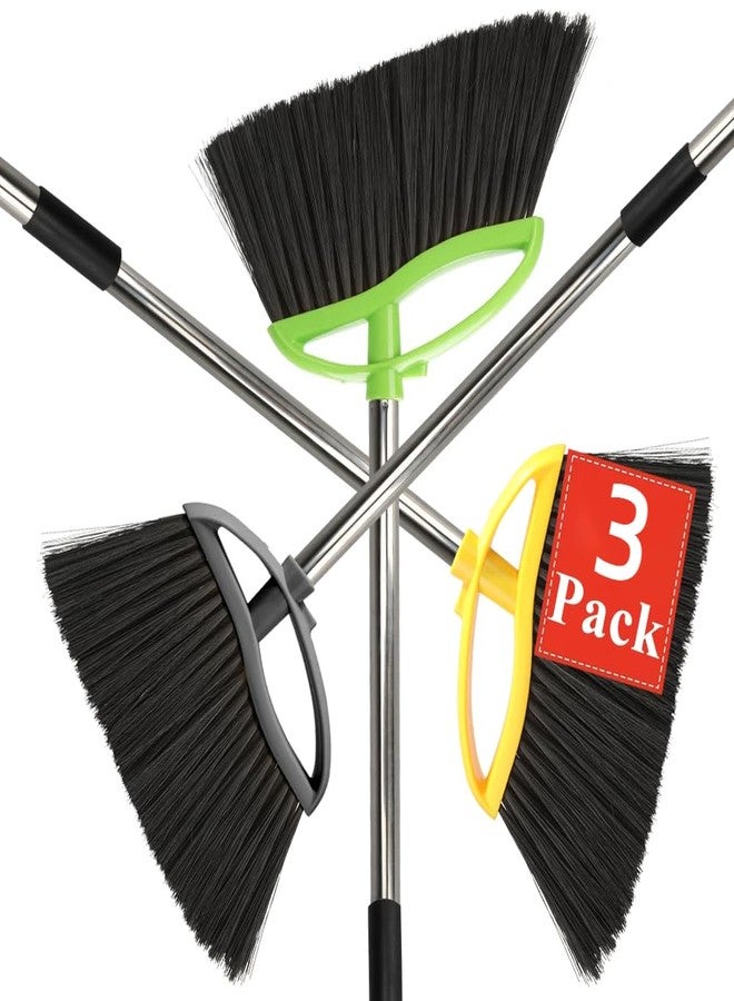 Chanhoo 3 Pack Soft Bristle Angle Broom for Floors - Wide Indoor Heavy Duty Broom with 38"-53.5" Adjustable Handle, Kitchen & Restaurant Use for Hardwood, Porch (Gray, Yellow, Green) - Image 1