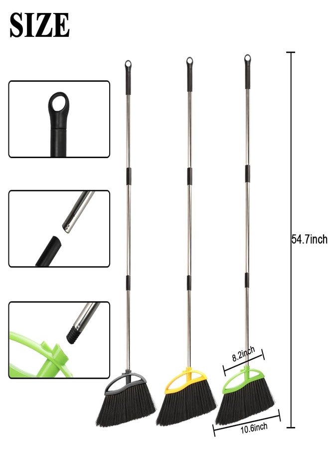 Chanhoo 3 Pack Soft Bristle Angle Broom for Floors - Wide Indoor Heavy Duty Broom with 38"-53.5" Adjustable Handle, Kitchen & Restaurant Use for Hardwood, Porch (Gray, Yellow, Green) - Image 2