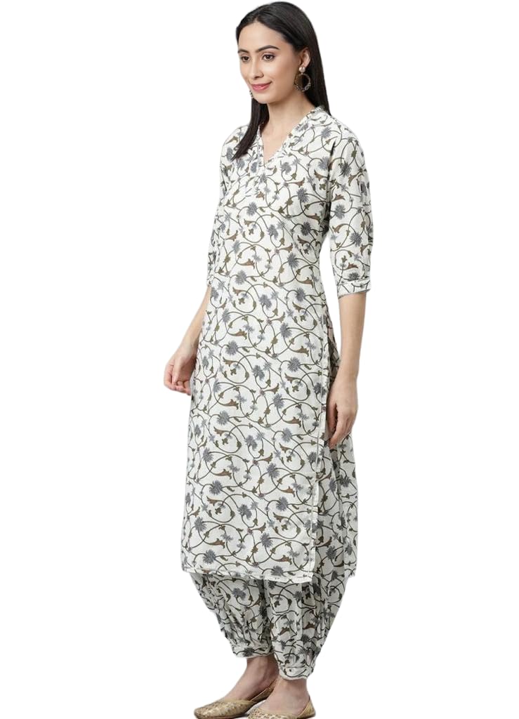 LookMark Women's Trendy Printed Cotton Blend Straight White Color Kurta and Afghani Pant Set (KS2072-M) - Image 4