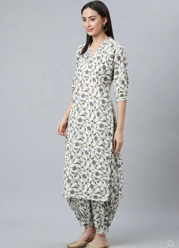 LookMark Women's Trendy Printed Cotton Blend Straight White Color Kurta and Afghani Pant Set (KS2072-M) - Image 2
