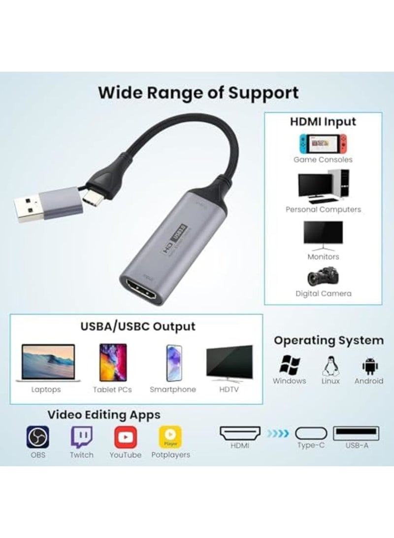 Video Capture Card, 4K HDMI to 1080P USB-A/USB-C Video Recording Card for Gaming, Streaming, Conferences, and TV Recording, Compatible with Windows, Linux, Android (Black) - Image 5