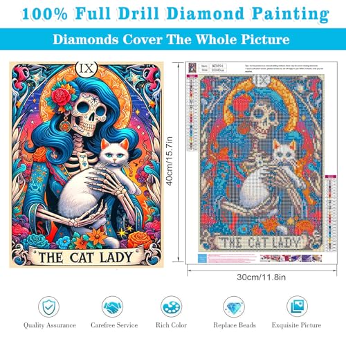 Meothan Diamond Art Kits for Adults, Horror Skull and Cat Diamond Painting Kits for Adults, 5D DIY Round Full Drill Gothic Gem Art Paint by Diamonds Dots Crafts Kits for Home Decor Gift 12x16inch - Image 3