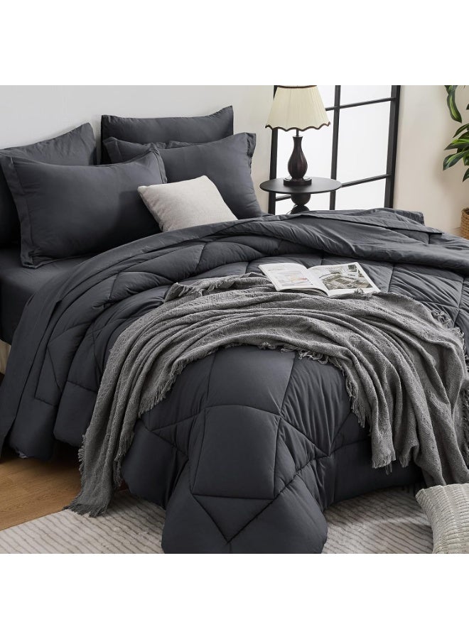 Bukela 7 Pieces Queen Comforter Set, All Season Reversible Bed in a Bag, Ultra Soft Queen Bedding Set with Grey Comforter, Flat Sheet, Fitted Sheet, Pillowcases, Pillow Shams, Dark Grey - Image 1