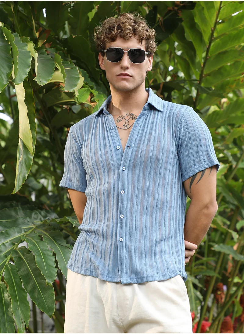 كامبوس سوترا Men's Cornflower Blue Ridge Knit Shirt For Casual Wear | Spread Collar | Short Regular Sleeves | Button Closure | Shirt Crafted With Comfort Fit For Everyday Wear