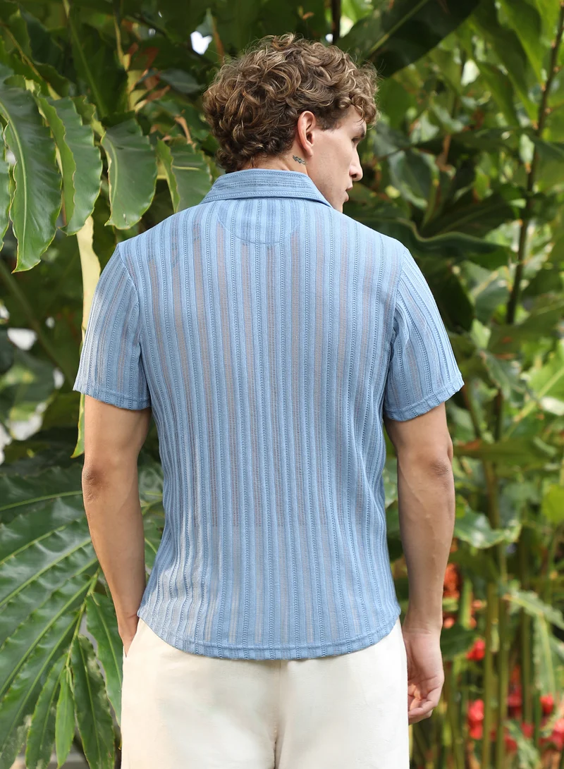 Campus Sutra Men's Cornflower Blue Ridge Knit Shirt For Casual Wear | Spread Collar | Short Regular Sleeves | Button Closure | Shirt Crafted With Comfort Fit For Everyday Wear