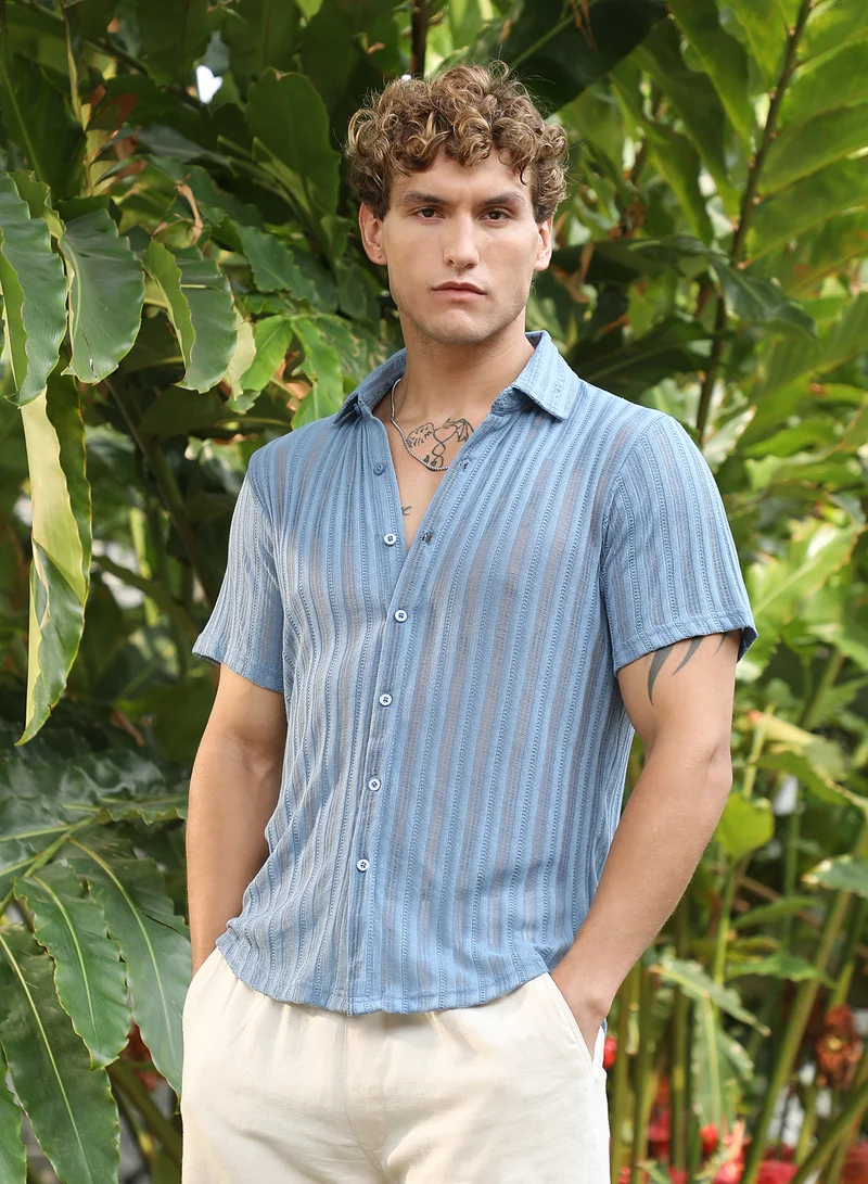 Campus Sutra Men's Cornflower Blue Ridge Knit Shirt For Casual Wear | Spread Collar | Short Regular Sleeves | Button Closure | Shirt Crafted With Comfort Fit For Everyday Wear