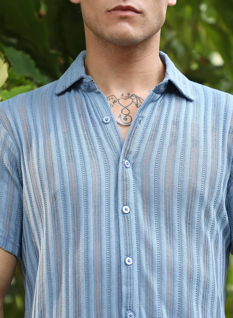 Campus Sutra Men's Cornflower Blue Ridge Knit Shirt For Casual Wear | Spread Collar | Short Regular Sleeves | Button Closure | Shirt Crafted With Comfort Fit For Everyday Wear