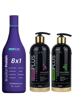 Pro Plus Professional Set of Brazilian Protein 8 in 1 1L With Shampoo and Conditioner for Daily Hair Care After Protein 500 ml  - Image 1