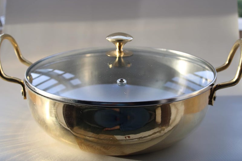 KITCHEN NEXT Pure Brass Kadhai Wok with Kalai with Handles Super Finish Kadhai with Glass Lid for Cooking Serving 25 LTR - Image 2