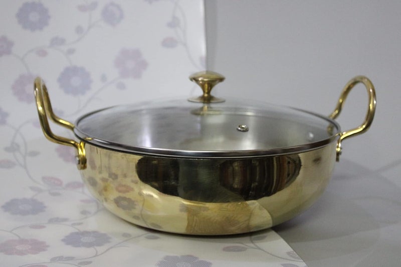 KITCHEN NEXT Pure Brass Kadhai Wok with Kalai with Handles Super Finish Kadhai with Glass Lid for Cooking Serving 25 LTR - Image 4