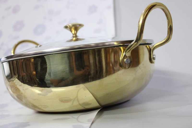 KITCHEN NEXT Pure Brass Kadhai Wok with Kalai with Handles Super Finish Kadhai with Glass Lid for Cooking Serving 25 LTR - Image 3