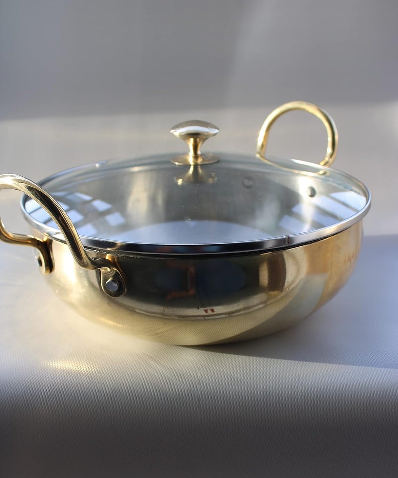 KITCHEN NEXT Pure Brass Kadhai Wok with Kalai with Handles Super Finish Kadhai with Glass Lid for Cooking Serving 25 LTR - Image 1