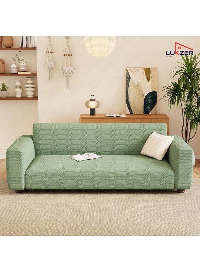 Lukzer 4 Seater Pastel Green Dotted Stripe Pattern Sofa Cover | 240 GSM Universal Stretch Fit Jacquard Fabric Couch Protector | Fully Covered Anti Slip & Washable Sofa Cover (230-300cm/SC-066-04) - Image 4