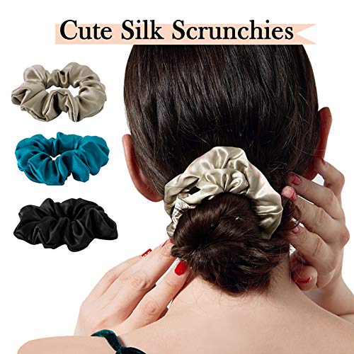 SOBONNY MulberrySilk Scrunchies for Women Hair Ties for Sleep and Night Hair Sleep, Women Grils Silk Hair Ties 3 Pack（Black,Taupe,Peacock blue） - Image 2