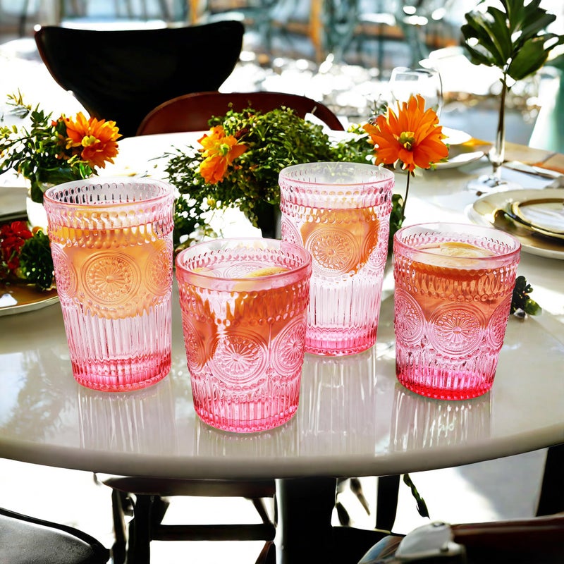 Loivttvv 12pcs Vintage Drinking Glasses Set, 12 oz Highball Glasses & 9 oz Embossed Ribbed Glassware Cups for Cocktail, Water, Juice, Coffee, Whiskey (Pink) - Image 5